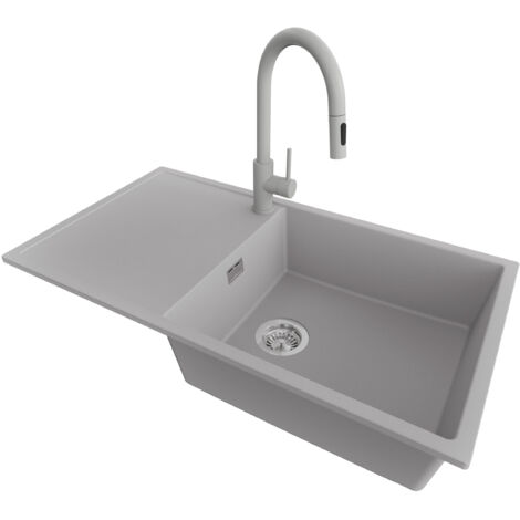 PRIMAGRAN Evier Cuisine en Granit 90x50cm,Lavabo 1 bac + Robinet 40x20cm + Kit de Vidage, Évier à Encastrer au meuble 60cm - Ibiza, Gris