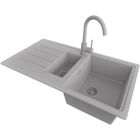 PRIMAGRAN Evier Cuisine en Granit 90x50cm,Lavabo 1,5 bacs + Robinet 32x20cm + Kit de Vidage, Évier à Encastrer au meuble 60cm - Copenhague Duo, Gris