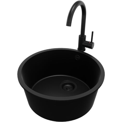 PRIMAGRAN Evier cuisine Granit Rond 46x46cm, Evier 1 bac + Robinet 32x20cm + Kit de Vidage, Lavabo Cuisine au meuble 50cm - La Valette Slim, Tout Noir