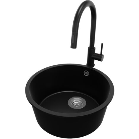 PRIMAGRAN Evier cuisine Granit Rond 46x46cm, Evier 1 bac + Robinet 40x20cm + Kit de Vidage, Lavabo Cuisine au meuble 50cm - La Valette Slim, Noir