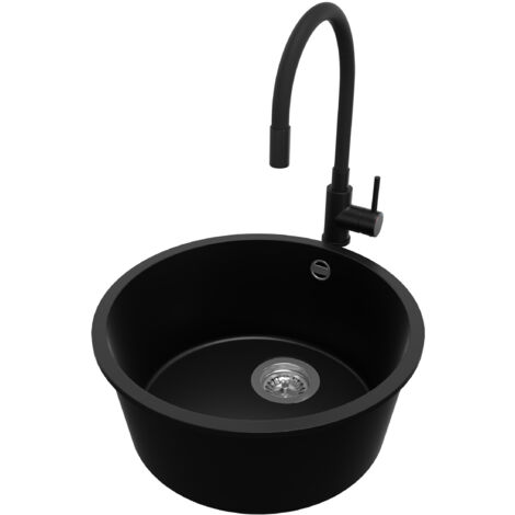 PRIMAGRAN Evier cuisine Granit Rond 46x46cm, Evier 1 bac + Robinet 40x38cm + Kit de Vidage, Lavabo Cuisine au meuble 50cm - La Valette Slim, Noir