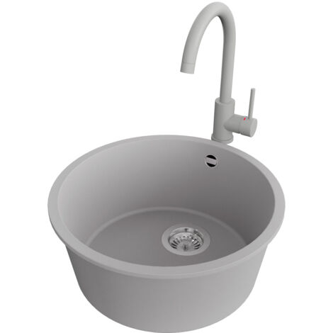 PRIMAGRAN Evier cuisine Granit Rond 46x46cm,Evier 1 bac + Robinet 32x20cm + Kit de Vidage, Lavabo Cuisine au meuble 50cm - La Valette Slim, Gris