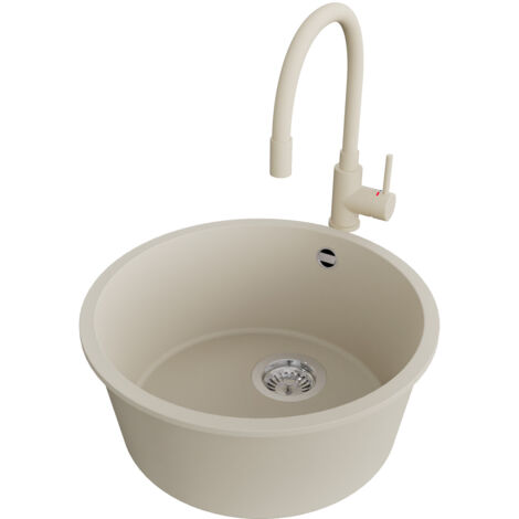 PRIMAGRAN Evier cuisine Granit Rond 46x46cm,Evier 1 bac + Robinet 38x14cm + Kit de Vidage, Lavabo Cuisine au meuble 50cm - La Valette Slim, Beige