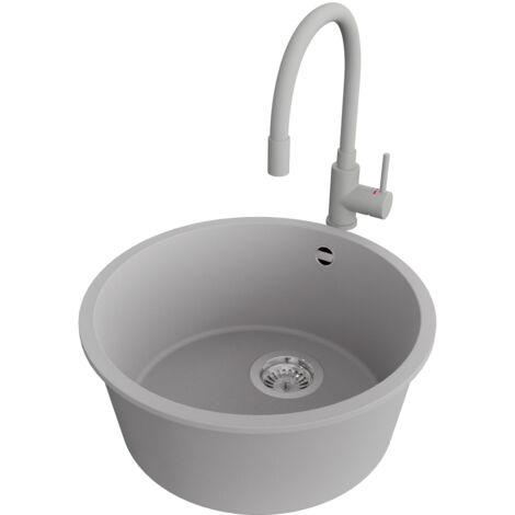 PRIMAGRAN Evier cuisine Granit Rond 46x46cm,Evier 1 bac + Robinet 38x14cm + Kit de Vidage, Lavabo Cuisine au meuble 50cm - La Valette Slim, Gris