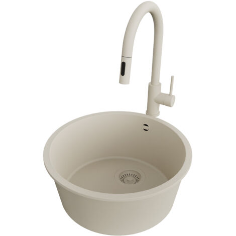 PRIMAGRAN Evier cuisine Granit Rond 46x46cm,Evier 1 bac + Robinet 40x20cm + Kit de Vidage, Lavabo Cuisine au meuble 50cm - La Valette Slim, Beige