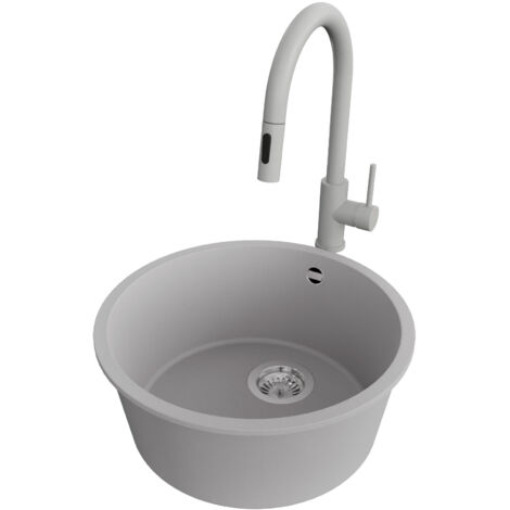 PRIMAGRAN Evier cuisine Granit Rond 46x46cm,Evier 1 bac + Robinet 40x20cm + Kit de Vidage, Lavabo Cuisine au meuble 50cm - La Valette Slim, Gris