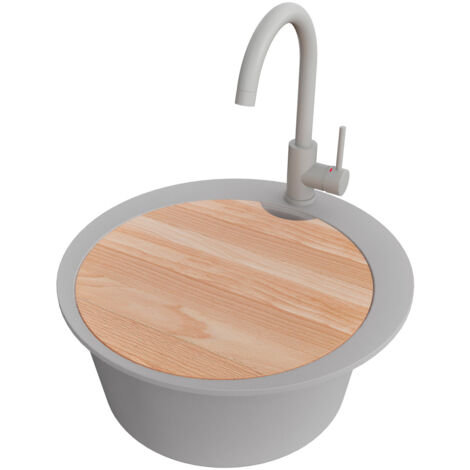 PRIMAGRAN Evier cuisine Granit Rond 50x50cm,Evier 1 bac + Robinet 32x20cm + Kit de Vidage + Planche à Découper, Lavabo Cuisine au meuble 45cm - Pise, Gris