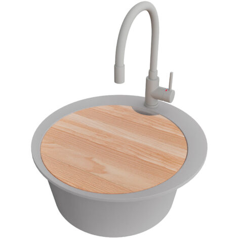 PRIMAGRAN Evier cuisine Granit Rond 50x50cm,Evier 1 bac + Robinet 38x14cm + Kit de Vidage + Planche à Découper, Lavabo Cuisine au meuble 45cm - Pise, Gris