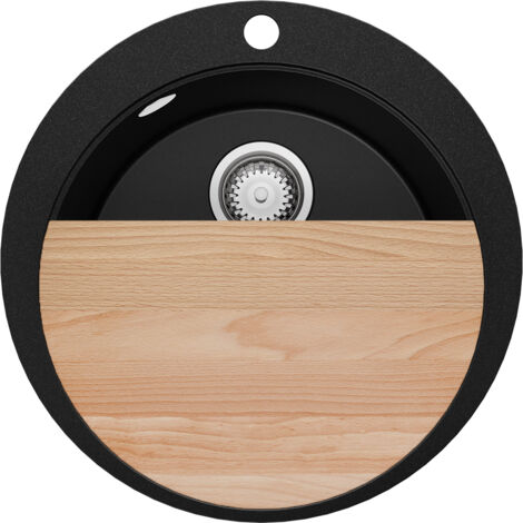 PRIMAGRAN Evier cuisine Granit Rond 53x53cm, Evier 1 bac + Kit de Vidage + Planche à Découper, Lavabo Cuisine au meuble 50cm - Pise Max, Noir