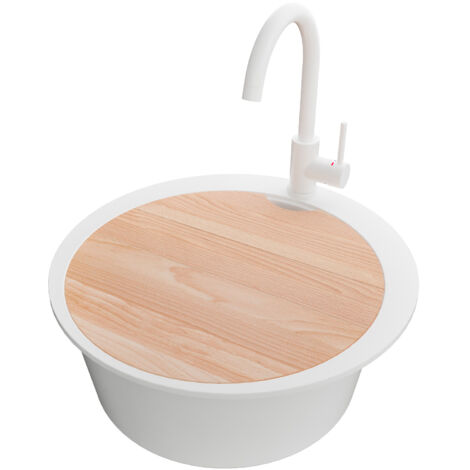 PRIMAGRAN Evier cuisine Granit Rond 53x53cm, Evier 1 bac + Robinet 32x20cm + Kit de Vidage + Accessoire, Lavabo Cuisine au meuble 50cm - Pise Max, Tout Blanc