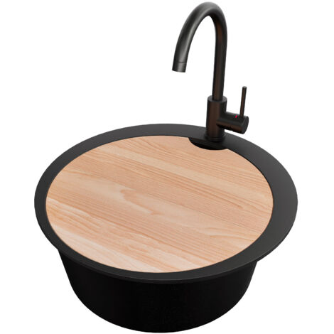 PRIMAGRAN Evier cuisine Granit Rond 53x53cm, Evier 1 bac + Robinet 32x20cm + Kit de Vidage + Accessoire, Lavabo Cuisine au meuble 50cm - Pise Max, Tout Noir