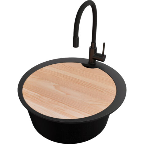 PRIMAGRAN Evier cuisine Granit Rond 53x53cm, Evier 1 bac + Robinet 40x38cm + Kit de Vidage + Planche à Découper, Lavabo Cuisine au meuble 50cm - Pise Max, Noir