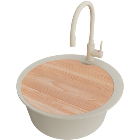 PRIMAGRAN Evier cuisine Granit Rond 53x53cm,Evier 1 bac + Robinet 38x14cm + Kit de Vidage + Planche à Découper, Lavabo Cuisine au meuble 50cm - Pise Max, Beige