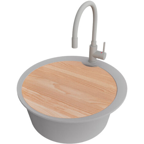 PRIMAGRAN Evier cuisine Granit Rond 53x53cm,Evier 1 bac + Robinet 38x14cm + Kit de Vidage + Planche à Découper, Lavabo Cuisine au meuble 50cm - Pise Max, Gris