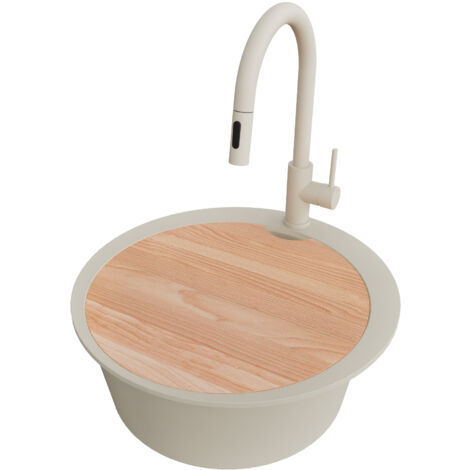 PRIMAGRAN Evier cuisine Granit Rond 53x53cm,Evier 1 bac + Robinet 40x20cm + Kit de Vidage + Planche à Découper, Lavabo Cuisine au meuble 50cm - Pise Max, Beige
