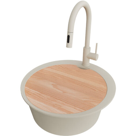 PRIMAGRAN Evier cuisine Granit Rond 53x53cm,Evier 1 bac + Robinet 40x20cm + Kit de Vidage + Planche à Découper, Lavabo Cuisine au meuble 50cm - Pise Max, Beige