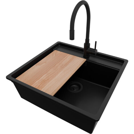 PRIMAGRAN Evier d'angle en Granit 56x53cm, Lavabo Cuisine 1 bac + Kit de Vidage + Accessoire, Évier à Encastrer au meuble 60cm - Bergen, Tout Noir