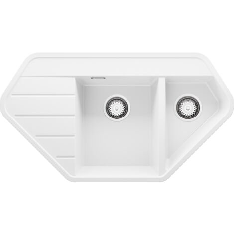 PRIMAGRAN Evier d'angle en Granit 90x50cm, Lavabo Cuisine 1,5 bacs + Kit de Vidage, Évier à Encastrer au meuble 80cm - Copenhague Corner, Blanc