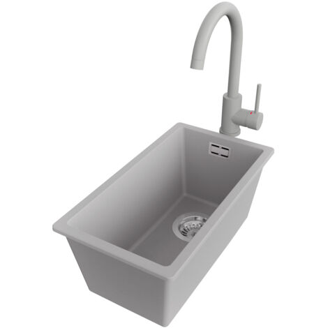 PRIMAGRAN Evier Sous Plan 26x47cm,Evier en Granit 1 bac + Robinet 32x20cm + Kit de Vidage, Évier au meuble 30cm - London, Gris