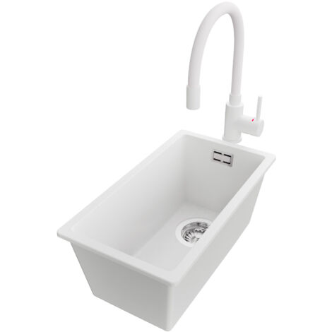PRIMAGRAN Evier Sous Plan 26x47cm,Evier en Granit 1 bac + Robinet 38x14cm + Kit de Vidage, Évier au meuble 30cm - London, Blanc