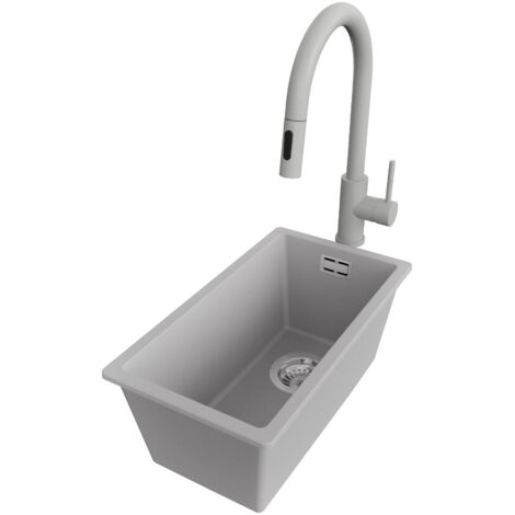 PRIMAGRAN Evier Sous Plan 26x47cm,Evier en Granit 1 bac + Robinet 40x20cm + Kit de Vidage, Évier au meuble 30cm - London, Gris