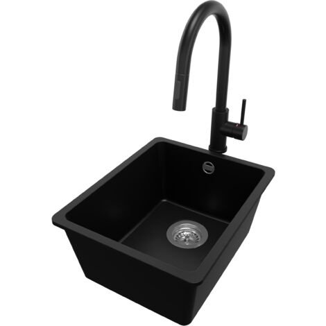 PRIMAGRAN Evier Sous Plan 36x44cm, Evier en Granit 1 bac + Robinet 40x20cm + Kit de Vidage, Évier au meuble 40cm - Venise Easy, Noir