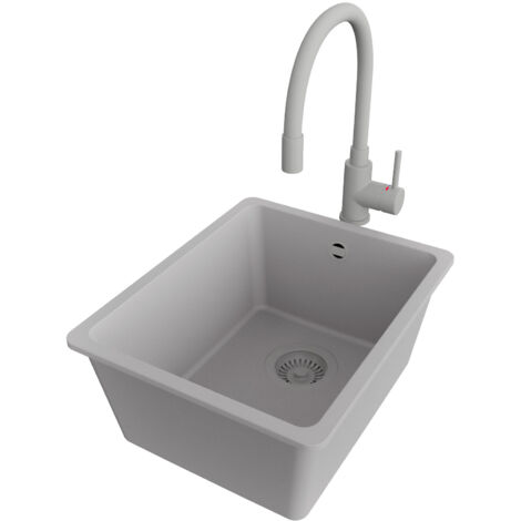 PRIMAGRAN Evier Sous Plan 36x44cm,Evier en Granit 1 bac + Robinet 38x14cm + Kit de Vidage, Évier au meuble 40cm - Venise Easy, Gris