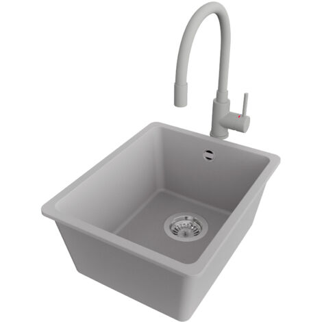 PRIMAGRAN Evier Sous Plan 36x44cm,Evier en Granit 1 bac + Robinet 38x14cm + Kit de Vidage, Évier au meuble 40cm - Venise Easy, Gris