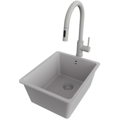 PRIMAGRAN Evier Sous Plan 36x44cm,Evier en Granit 1 bac + Robinet 40x20cm + Kit de Vidage, Évier au meuble 40cm - Venise Easy, Gris