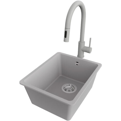 PRIMAGRAN Evier Sous Plan 36x44cm,Evier en Granit 1 bac + Robinet 40x20cm + Kit de Vidage, Évier au meuble 40cm - Venise Easy, Gris