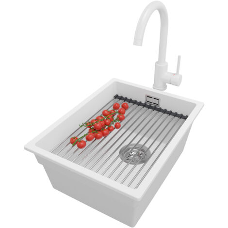 PRIMAGRAN Evier Sous Plan 36x47cm, Evier en Granit 1 bac + Robinet 32x20cm + Kit de Vidage + Égouttoir Enroulable, Évier au meuble 40cm - Prague, Blanc