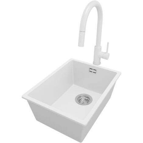 PRIMAGRAN Evier Sous Plan 36x47cm, Evier en Granit 1 bac + Robinet 40x20cm + Kit de Vidage, Évier au meuble 40cm - London, Blanc