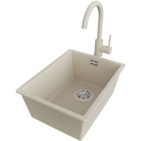 PRIMAGRAN Evier Sous Plan 36x47cm,Evier en Granit 1 bac + Robinet 32x20cm + Kit de Vidage, Évier au meuble 40cm - London, Beige