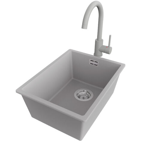 PRIMAGRAN Evier Sous Plan 36x47cm,Evier en Granit 1 bac + Robinet 32x20cm + Kit de Vidage, Évier au meuble 40cm - London, Gris