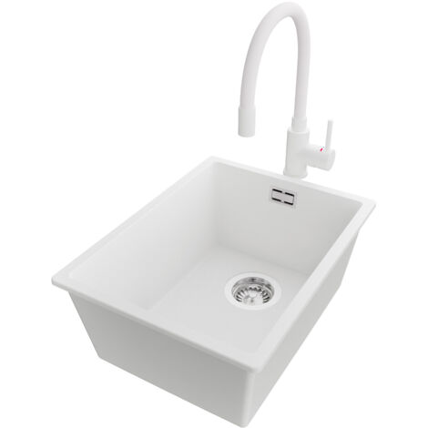 PRIMAGRAN Evier Sous Plan 36x47cm,Evier en Granit 1 bac + Robinet 38x14cm + Kit de Vidage, Évier au meuble 40cm - London, Blanc