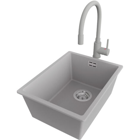 PRIMAGRAN Evier Sous Plan 36x47cm,Evier en Granit 1 bac + Robinet 38x14cm + Kit de Vidage, Évier au meuble 40cm - London, Gris