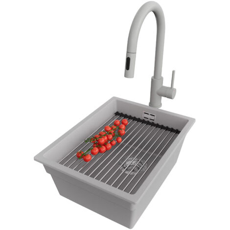 PRIMAGRAN Evier Sous Plan 36x47cm,Evier en Granit 1 bac + Robinet 40x20cm + Kit de Vidage + Égouttoir Enroulable, Évier au meuble 40cm - Prague, Gris