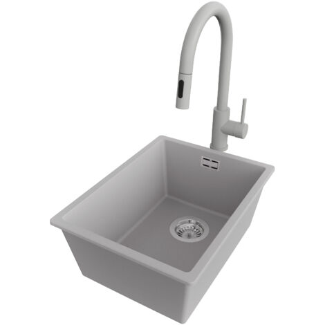 PRIMAGRAN Evier Sous Plan 36x47cm,Evier en Granit 1 bac + Robinet 40x20cm + Kit de Vidage, Évier au meuble 40cm - London, Gris
