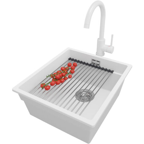 PRIMAGRAN Evier Sous Plan 41x47cm, Evier en Granit 1 bac + Robinet 32x20cm + Kit de Vidage + Égouttoir Enroulable, Évier au meuble 45cm - Prague, Blanc