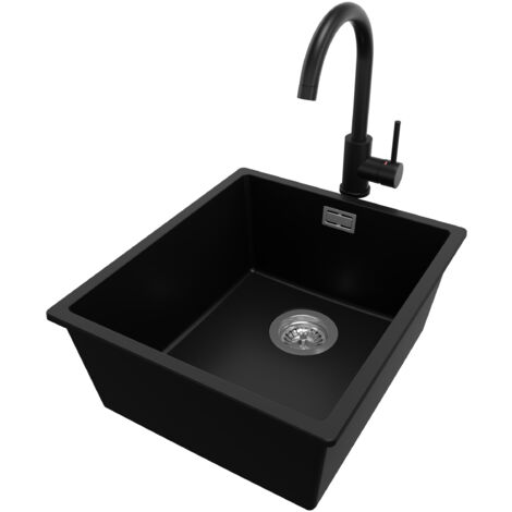 PRIMAGRAN Evier Sous Plan 41x47cm, Evier en Granit 1 bac + Robinet 32x20cm + Kit de Vidage, Évier au meuble 45cm - London, Noir