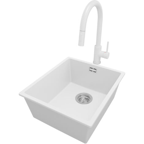 PRIMAGRAN Evier Sous Plan 41x47cm, Evier en Granit 1 bac + Robinet 40x20cm + Kit de Vidage, Évier au meuble 45cm - London, Blanc