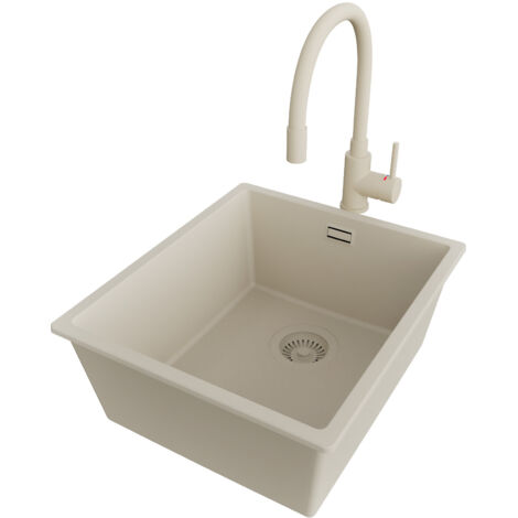 PRIMAGRAN Evier Sous Plan 41x47cm,Evier en Granit 1 bac + Robinet 38x14cm + Kit de Vidage, Évier au meuble 45cm - London, Beige