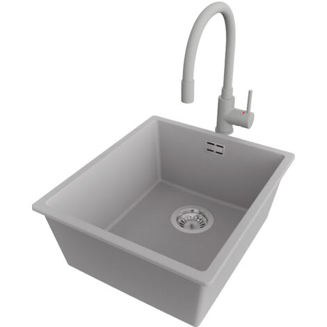 PRIMAGRAN Evier Sous Plan 41x47cm,Evier en Granit 1 bac + Robinet 38x14cm + Kit de Vidage, Évier au meuble 45cm - London, Gris
