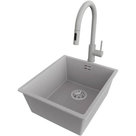 PRIMAGRAN Evier Sous Plan 41x47cm,Evier en Granit 1 bac + Robinet 40x20cm + Kit de Vidage, Évier au meuble 45cm - London, Gris