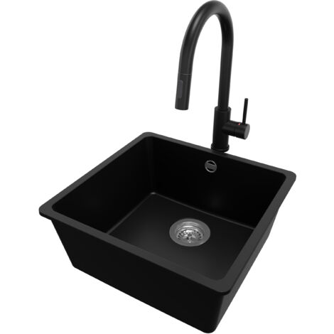 PRIMAGRAN Evier Sous Plan 46x44cm, Evier en Granit 1 bac + Robinet 40x20cm + Kit de Vidage, Évier au meuble 50cm - Venise Easy, Noir