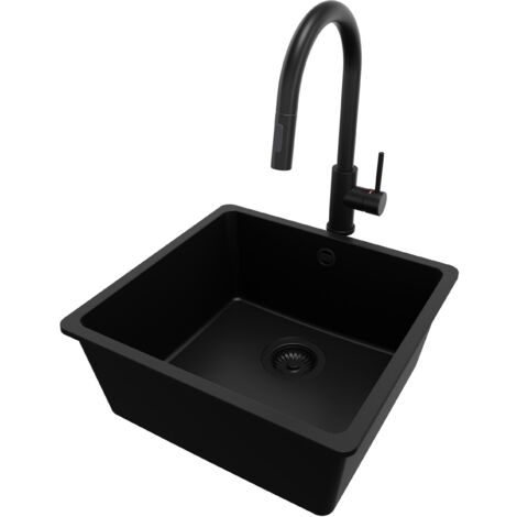 PRIMAGRAN Evier Sous Plan 46x44cm, Evier en Granit 1 bac + Robinet 40x20cm + Kit de Vidage, Évier au meuble 50cm - Venise Easy, Tout Noir