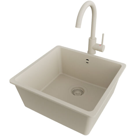PRIMAGRAN Evier Sous Plan 46x44cm,Evier en Granit 1 bac + Robinet 32x20cm + Kit de Vidage, Évier au meuble 50cm - Venise Easy, Beige