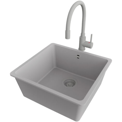 PRIMAGRAN Evier Sous Plan 46x44cm,Evier en Granit 1 bac + Robinet 38x14cm + Kit de Vidage, Évier au meuble 50cm - Venise Easy, Gris
