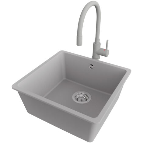 PRIMAGRAN Evier Sous Plan 46x44cm,Evier en Granit 1 bac + Robinet 38x14cm + Kit de Vidage, Évier au meuble 50cm - Venise Easy, Gris