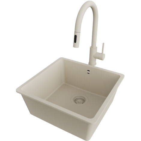 PRIMAGRAN Evier Sous Plan 46x44cm,Evier en Granit 1 bac + Robinet 40x20cm + Kit de Vidage, Évier au meuble 50cm - Venise Easy, Beige
